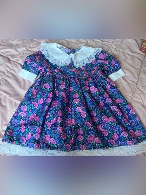 Vintage Floral Cotton Apron Dress in Purple and Pink